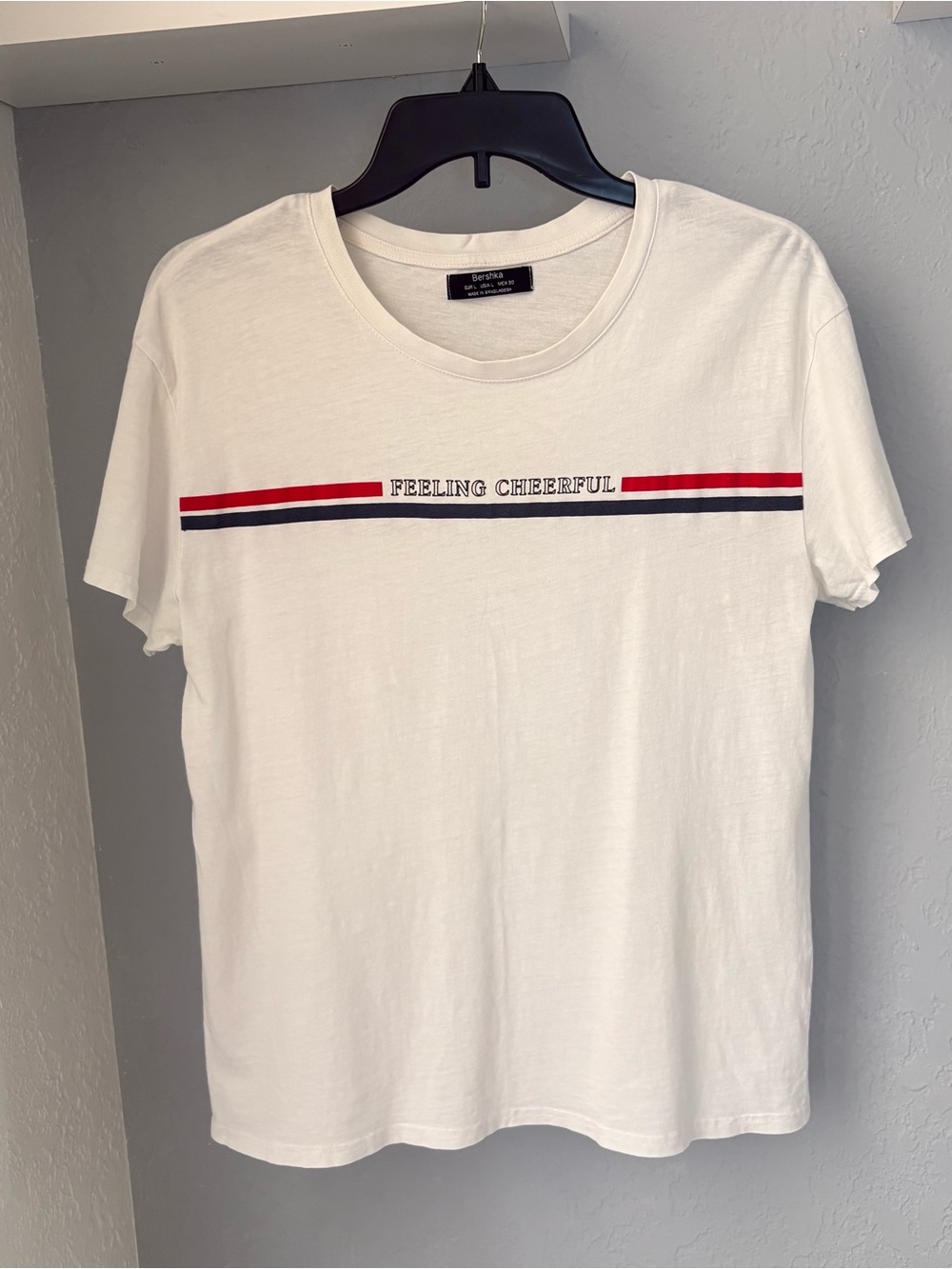 Bershka White 'Feeling Cheerful' Graphic Tee with Red and Navy Stripes